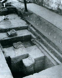 Excavation site at the Babri Masjid showing pillar bases south of the Masjid wall 